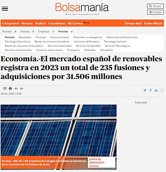 Economa.-El mercado espaol de renovables registra en 2023 un total de 235 fusiones y adquisiciones por 31.506 millones